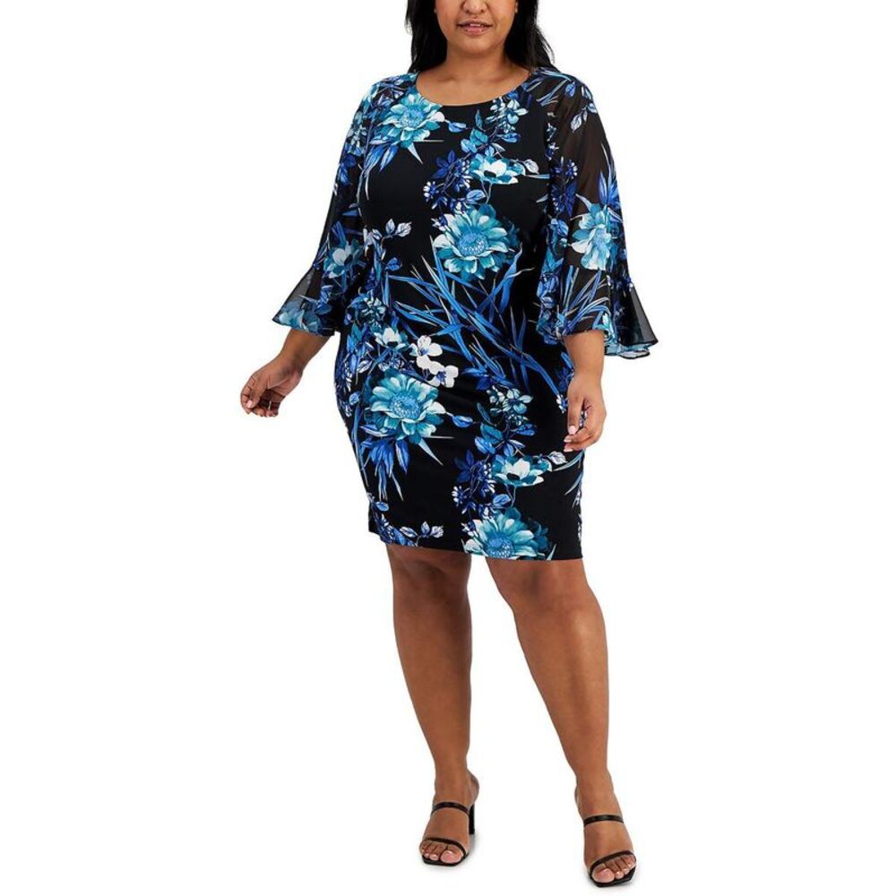 Plus Size Black Floral Shift Dress with Blue Bloom